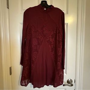Long Sleeve Burgundy Dress with Lace Detail